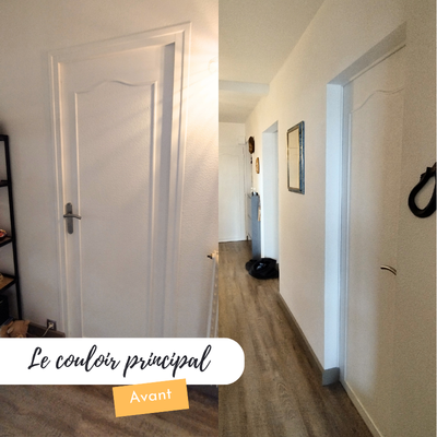 Vue du couloir avant le décor peint sur mesure à Caen, portes blanches et étroitesse de l’espace